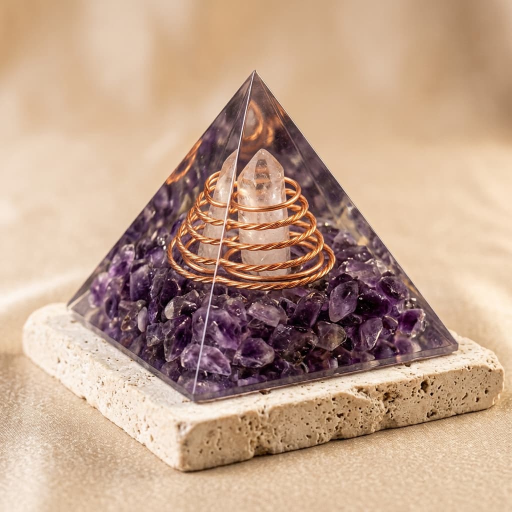 Natural Amethyst Orgone Pyramid for Calm Sleep & Intuition, front view