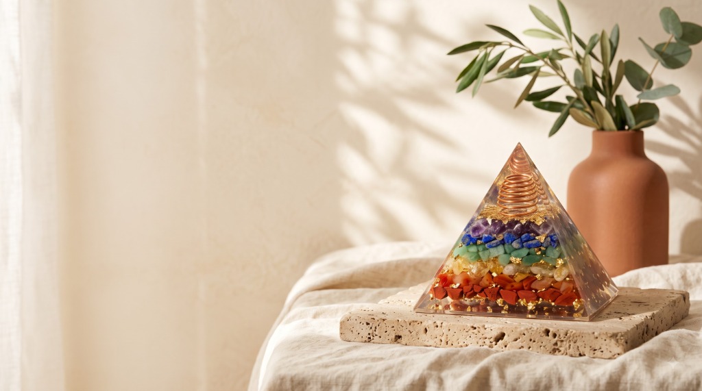 Authentic 7-Chakra Orgone energy pyramid on travertine slab in sunlit serene room