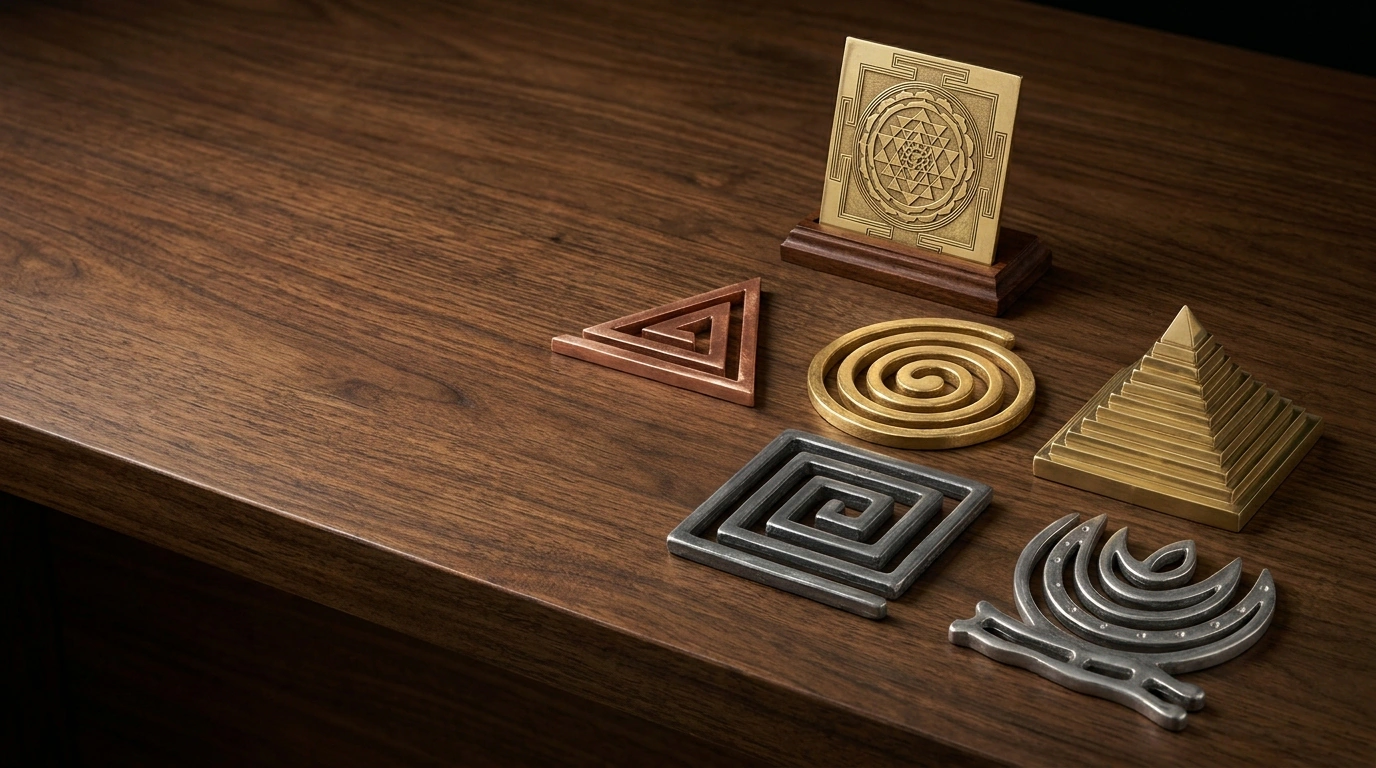 Authentic Vastu Shastra directional helix remedies and engraved sacred Sri Yantra on dark teakwood desk