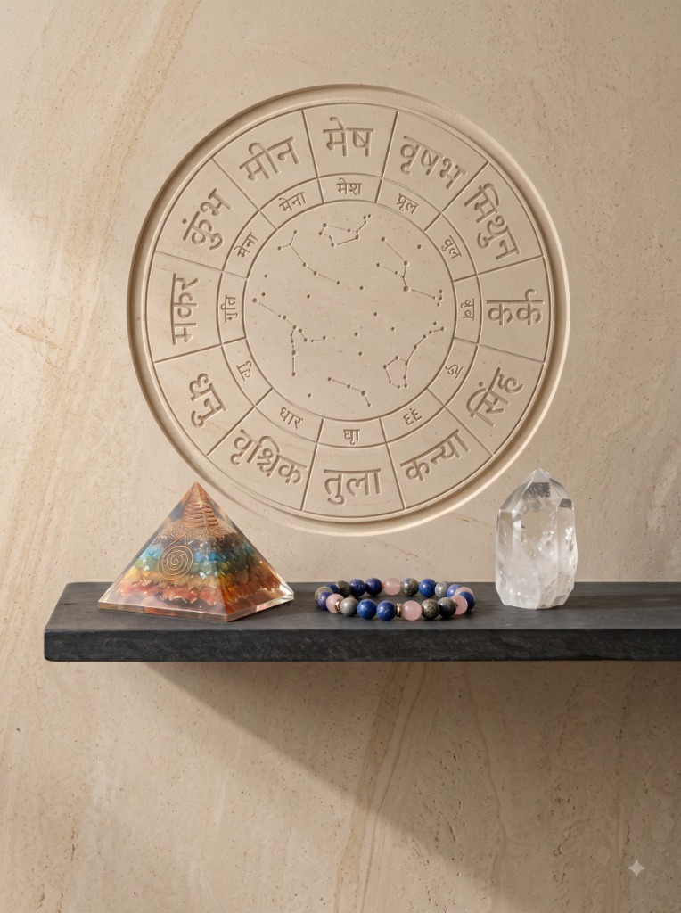 Vedic 12-Rashi architectural astrological relief with sacred energy crystals