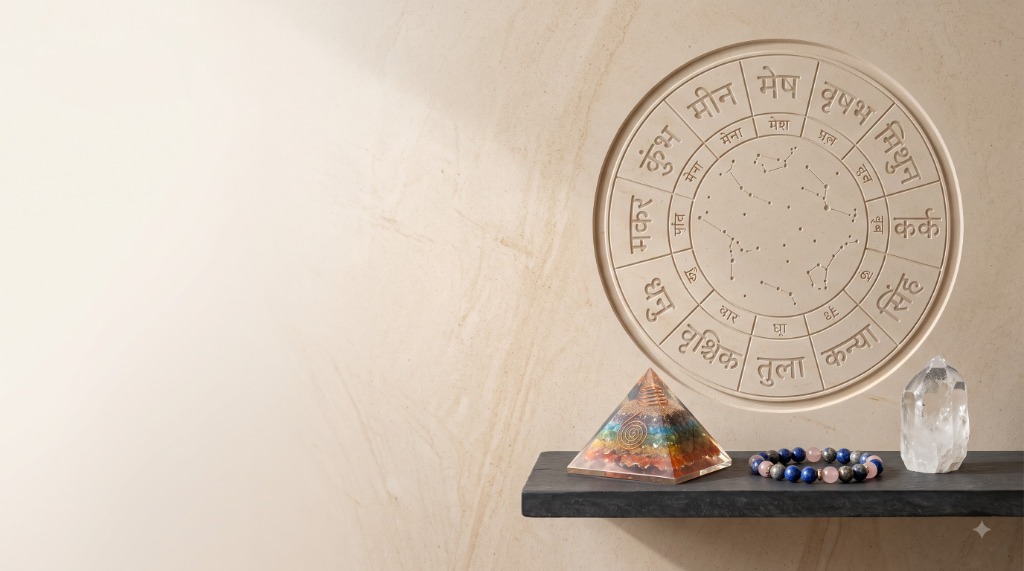 Vedic 12-Rashi architectural stone relief, sacred orgone pyramid, healing bracelet and quartz crystal