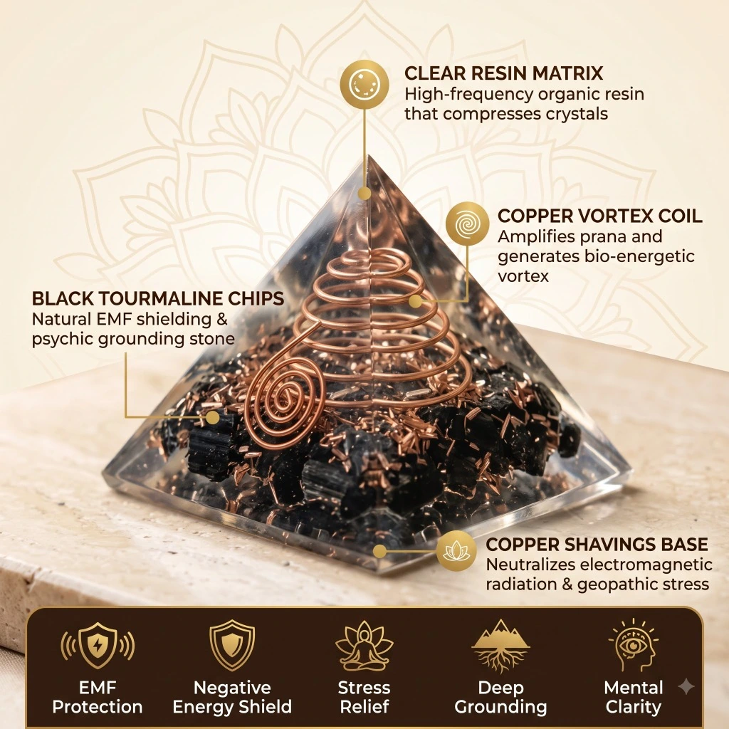 Black Tourmaline Orgone Pyramid for EMF & Wi-Fi Protection - styled view